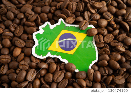 Brazil flag on coffee beans, shopping online for export or import food product. 130474190