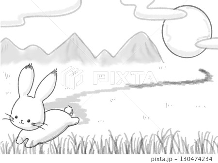 月夜の草原を走るうさぎ～水墨画風～ 130474234