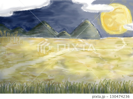 秋の満月と草原の風景~水彩風~ 秋の満月と草原の風景~水彩風~ 130474236