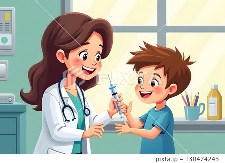 Children vaccination concept. Woman in medical uniform with syringe gives injection to child. Prevention of diseases and viruses. Health care and medicine. Children vaccination concept. Woman in medical uniform with syringe gives injection to child. Prevention of diseases and viruses. Health care and medicine. 130474243
