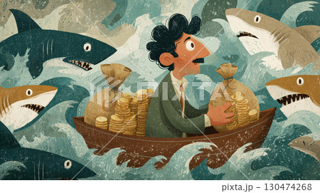 Businessman holding large money bags and gold coins in small boat surrounded by sharks, anxious expression, financial risk concept Businessman holding large money bags and gold coins in small boat surrounded by sharks, anxious expression, financial risk concept 130474268