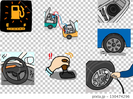 Car troubles: running out of gas, flat tire, dead battery Car troubles: running out of gas, flat tire, dead battery 130474296