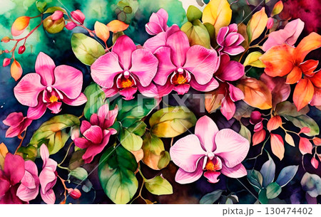 watercolor plant background with cree 130474402