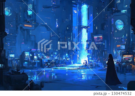 Futuristic city nightscape glowing blue metropolis with person in cloak Futuristic city nightscape glowing blue metropolis with person in cloak 130474532