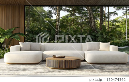 Modern sectional sofa and round coffee table on patio garden background 130474562