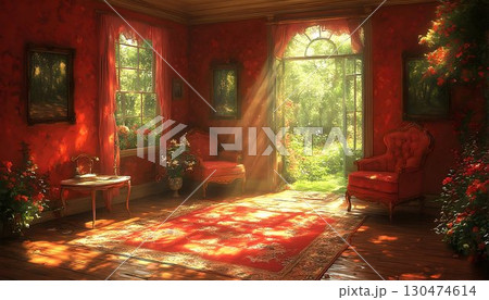 Sunlit red living room interior with garden view Sunlit red living room interior with garden view 130474614