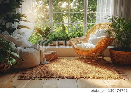 Sunlit room interior with wicker chair and plants 130474741