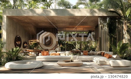 Modern house design outdoor living space with tropical foliage 130474820