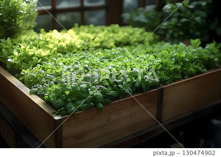 Vibrant green herbs growing in wooden planter box sunlight Vibrant green herbs growing in wooden planter box sunlight 130474902