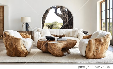 Modern wooden furniture set in bright living room interior 130474950