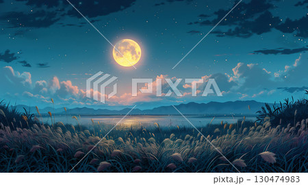 満月と雲に照らされる湖畔のススキ野原 130474983