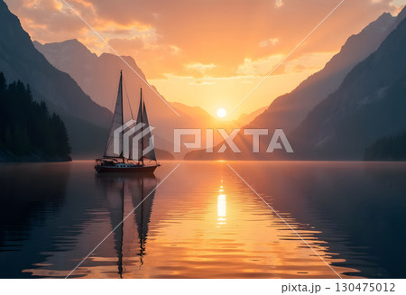 A Sailboat Is Sailing Along The Ocean Against A Colorful Sunset Sky A Sailboat Is Sailing Along The Ocean Against A Colorful Sunset Sky 130475012