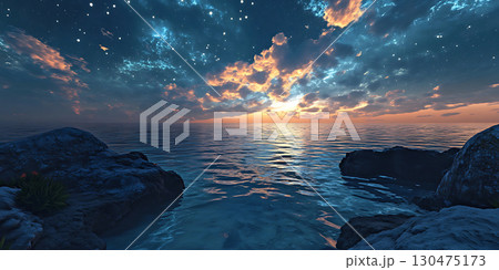 Stunning Celestial Sunset Night Sky Meets Ocean Horizon 130475173