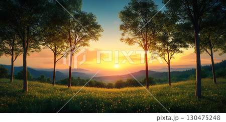 Serene Sunset Landscape Peaceful Nature Scene with Trees and Meadow for Backgrounds Websites and Design Projects 130475248