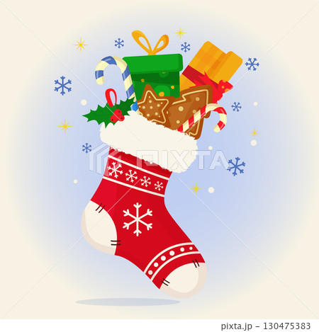 Christmas greeting card with sock full of gifts in flat style. Vector illustration. 130475383