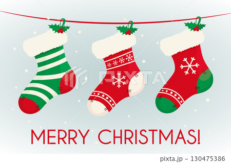 Christmas cute stocking for gift place inside. Decoration for home and fireplace with candy. Happy New Year concept. Isolated flat illustration 130475386