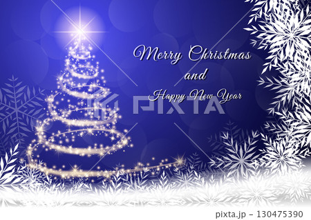 Sparkling gold and silver lights Christmas tree. Merry Christmas and Happy New Year greeting message on blue background,snow flakes,bright lights decoration 130475390