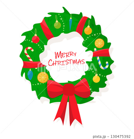 Christmas decorated wreath on a white background. Flat cartoon style vector illustration. Christmas decorated wreath on a white background. Flat cartoon style vector illustration. 130475392