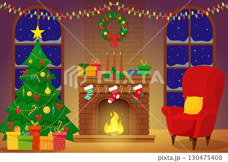 Christmas interior of the living room with a Christmas tree, gifts and a fireplace. Vector illustration in a flat style Christmas interior of the living room with a Christmas tree, gifts and a fireplace. Vector illustration in a flat style 130475408