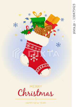 Christmas greeting card with sock full of gifts in flat style. Vector illustration. 130475423