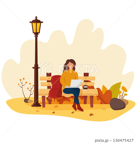 A girl sits on a bench in an autumn park and works at a laptop. Trend colors. Vector illustration in cartoon flat style 130475427