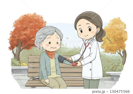 紅葉の公園で健康チェックを受ける高齢女性 130475566
