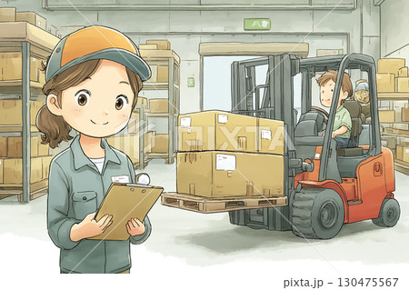 貨物駅で女性スタッフがフォークリフトに荷物を積んでいるシーン 130475567