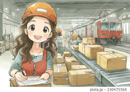 鉄道貨物駅で女性スタッフが荷物を貨物列車に積み込むシーン 130475568