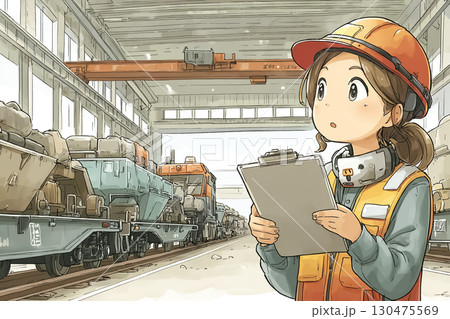 美優シリーズ：鉄道貨物駅で女性スタッフが荷物を貨物列車に積み込むシーン 130475569
