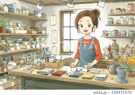 美優シリーズ：雑貨屋で商品を整える女性店員 130475570