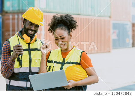 People in container port, Customs team at container yard, Cargo Import Export. Logistics industry. 130475848