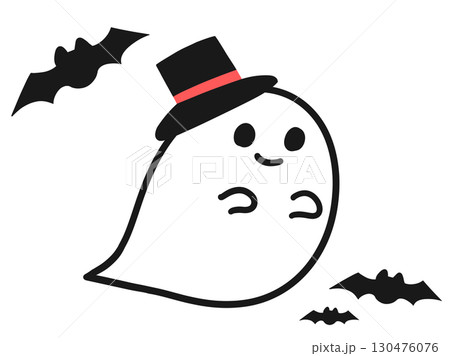 赤い紐付きのシルクハットを被ったオバケとコウモリのイラスト 赤い紐付きのシルクハットを被ったオバケとコウモリのイラスト 130476076