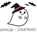 コウモリとハロウィンの赤色の紐付きの魔女の帽子を被ったオバケのイラスト 130476081