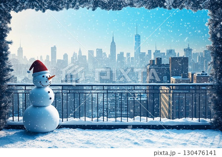 Snowman stands proudly on rooftop terrace overlooking a bustling winter cityscape Snowman stands proudly on rooftop terrace overlooking a bustling winter cityscape 130476141