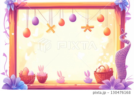 Colorful puppet theater frame with marionette display and decorative easter eggs in spring setting 130476168