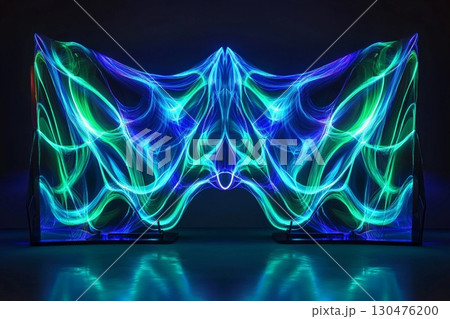 Symmetrical wave design showcasing glowing blue and green colors in an abstract composition 130476200