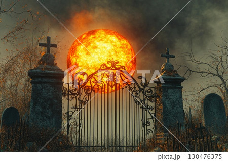 Old iron gate leading to a night cemetery with ghostly graves and an eerie moon 130476375