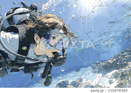 美優シリーズ：水面近くを泳ぐ女性ダイバー 130476485