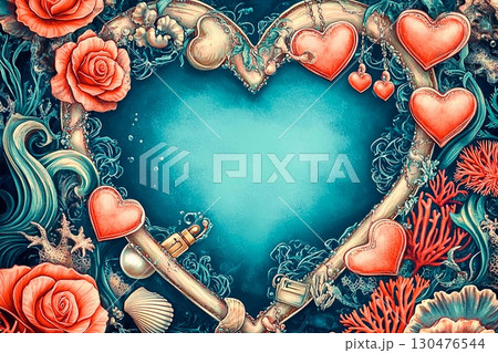 Heart-shaped coral reef frame showcases vibrant underwater life with colorful marine elements 130476544