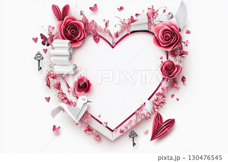Decorative heart-shaped frame with roses and love-themed accents for romantic events Decorative heart-shaped frame with roses and love-themed accents for romantic events 130476545