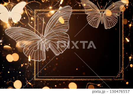 Delicate butterfly ornaments with glitter-dusted wings and glowing decorations create a whimsical atmosphere 130476557