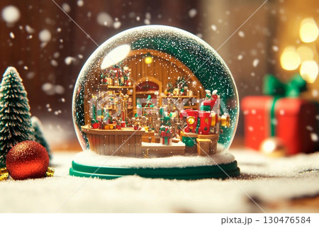 Tiny elf workshop inside a snow globe creates a magical winter scene Tiny elf workshop inside a snow globe creates a magical winter scene 130476584