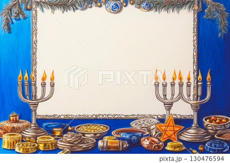 Elegant Hanukkah display with candlestick and glittering decorations in warm evening light Elegant Hanukkah display with candlestick and glittering decorations in warm evening light 130476594