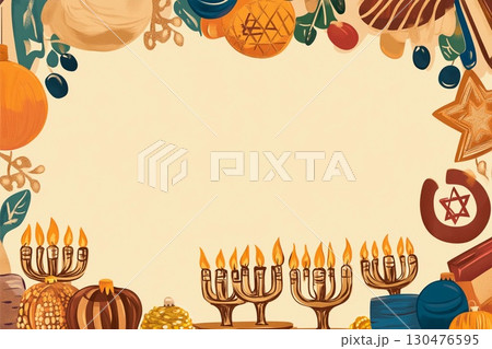 Elegant Hanukkah display with candlestick and glittering decorations in warm evening light Elegant Hanukkah display with candlestick and glittering decorations in warm evening light 130476595