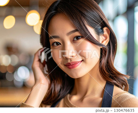 髪をかき上げる若い女性/Young woman combing her hair	 130476635