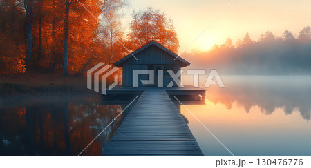 Serene Autumn Sunrise Lakeside Cabin Reflection 130476776