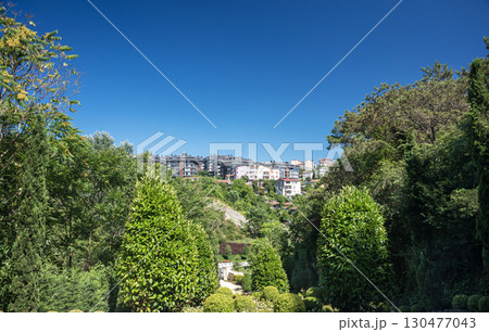 An urban residential area on a wooded hillside with clear blue skies 130477043