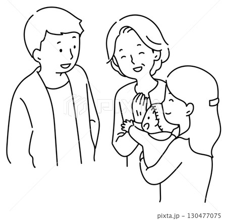 談笑するおばあちゃんと夫婦と赤ちゃん_線画 130477075