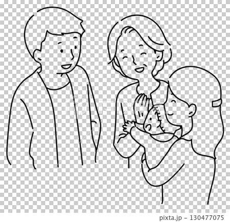 談笑するおばあちゃんと夫婦と赤ちゃん_線画 130477075