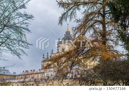Historic architecture of a palace in a city park on a cloudy day during autumn season 130477166